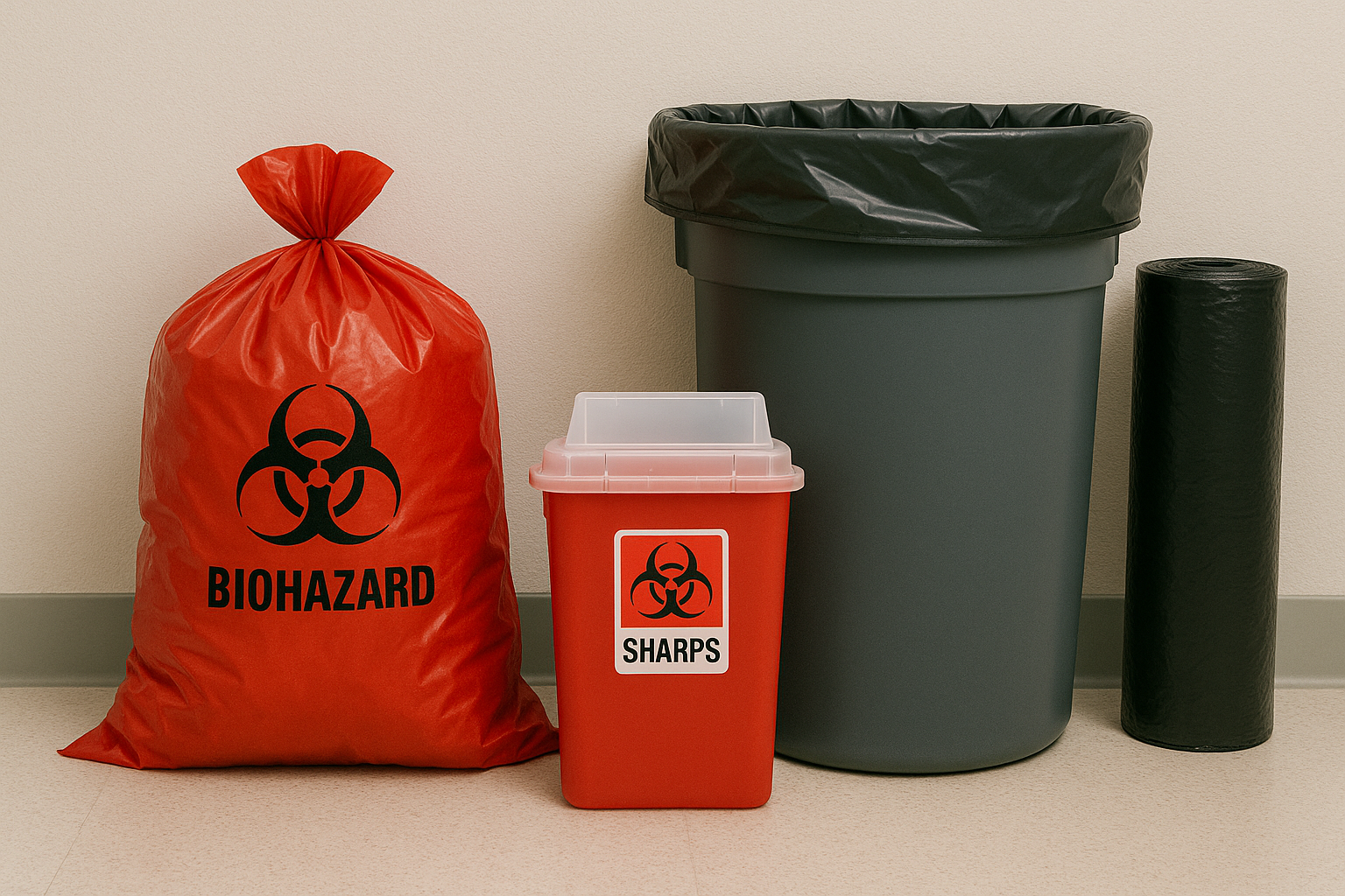 Healthcare waste station with red biohazard bags, sharps container and trash can liners
